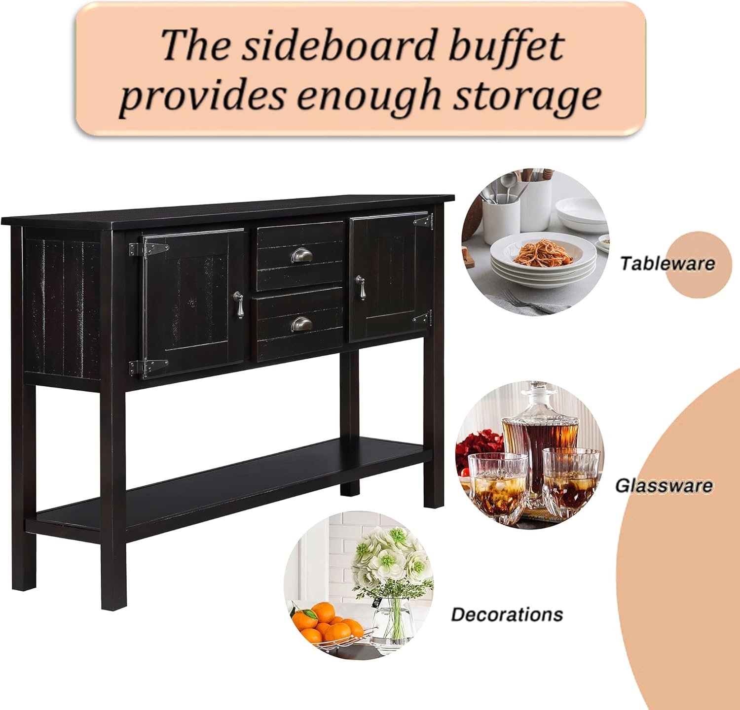 P PURLOVE Buffet Table Sofa Table Console Table Sideboard with Storage Drawers Cabinets and Bottom Shelf (Espresso)