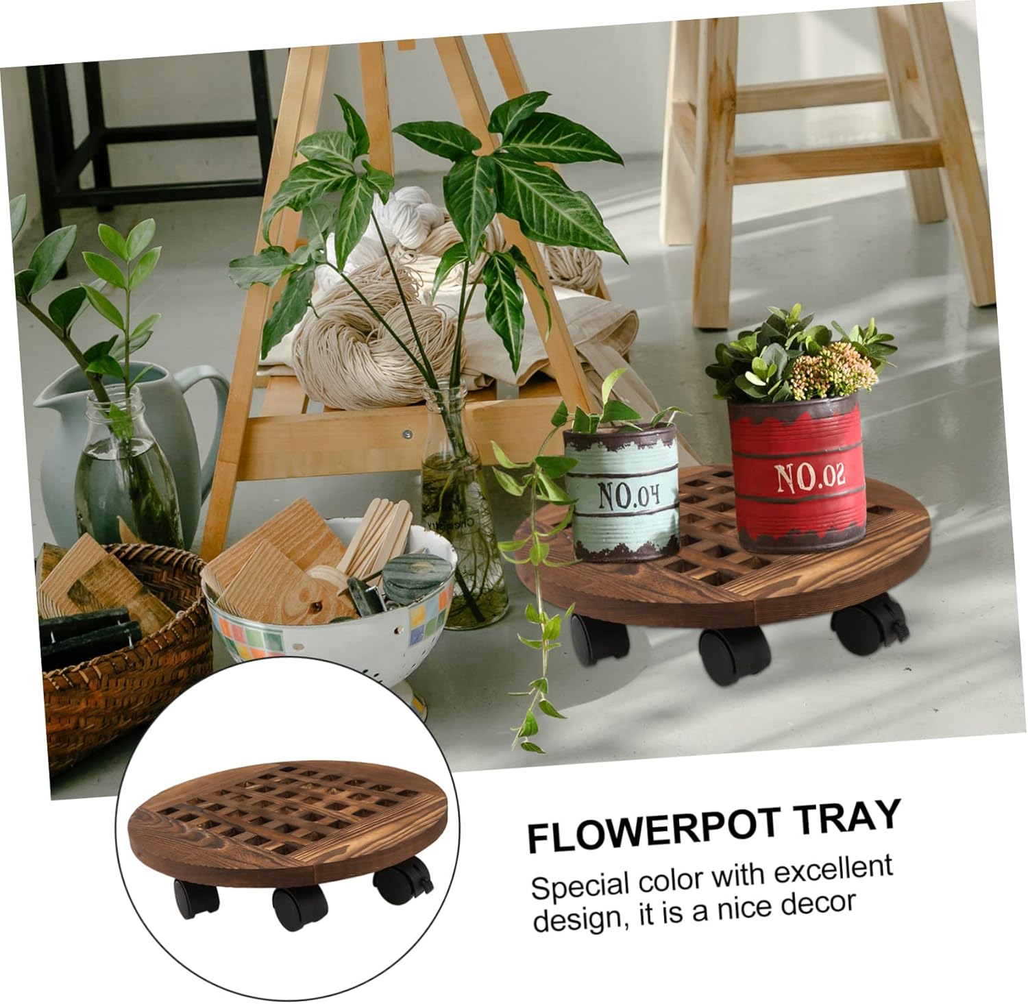 YARNOW Wooden Round Plant Pot Base Tray Removable Flowerpot Holder Rotating Casters for Use Aesthetic Design for and Flower Pots