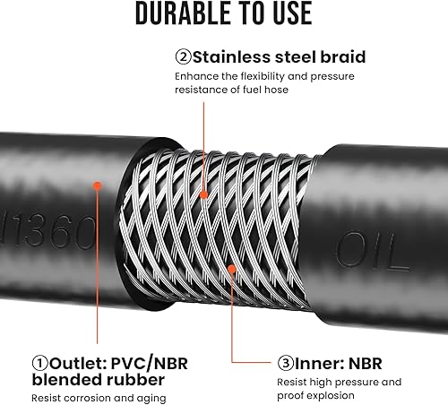 Miniatura 3 de Manguera de transferencia de combustible de 34 de pulgada de 20 pies con accesorios NPT macho de acero al carbono, tres capas protectoras, manguera
