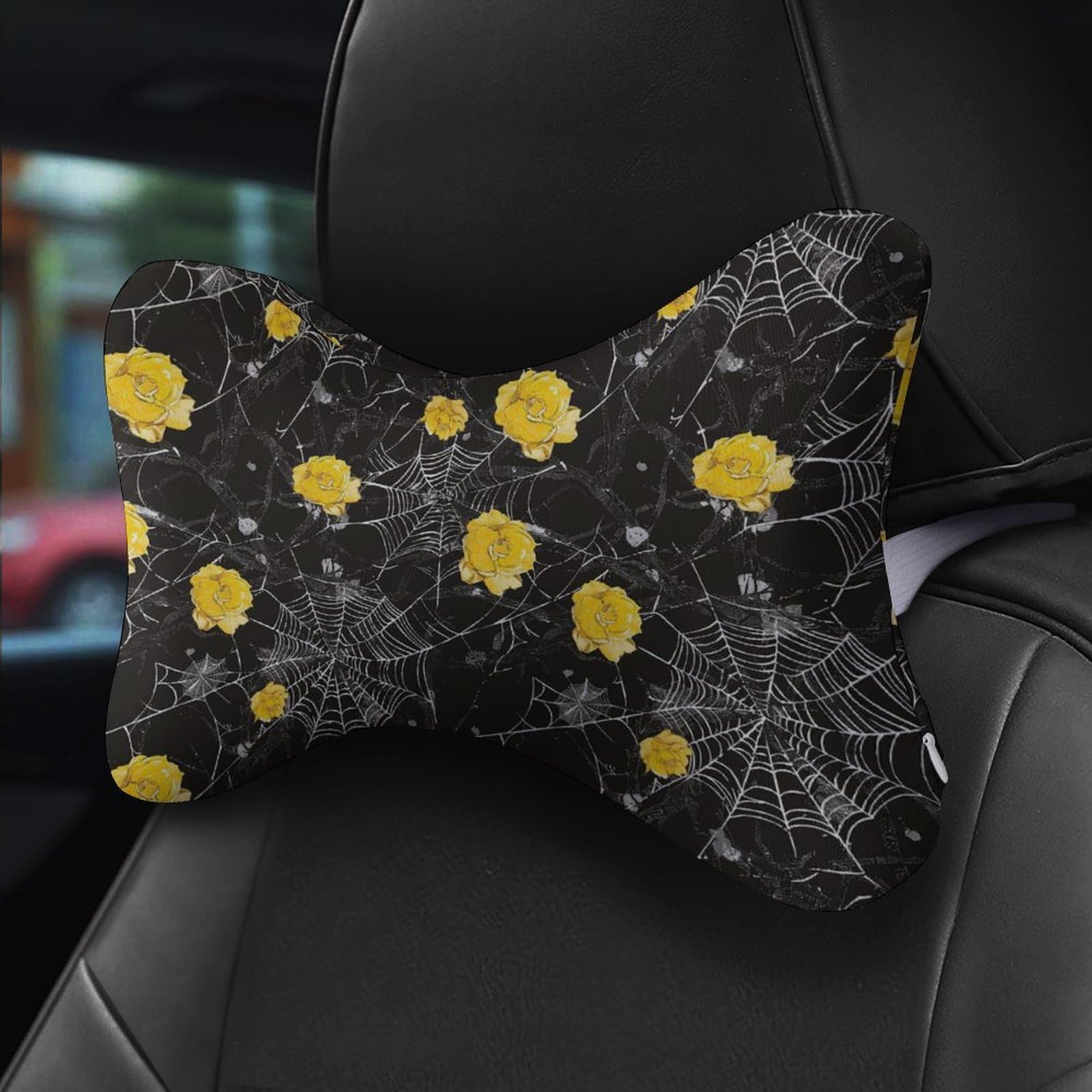 SMAZDFXX Spider Web Cobwebs Yellow Rose Car Neck Pillow Set of 2 Car Seat Head Support Cushion Bone Pillows with Elastic Strap