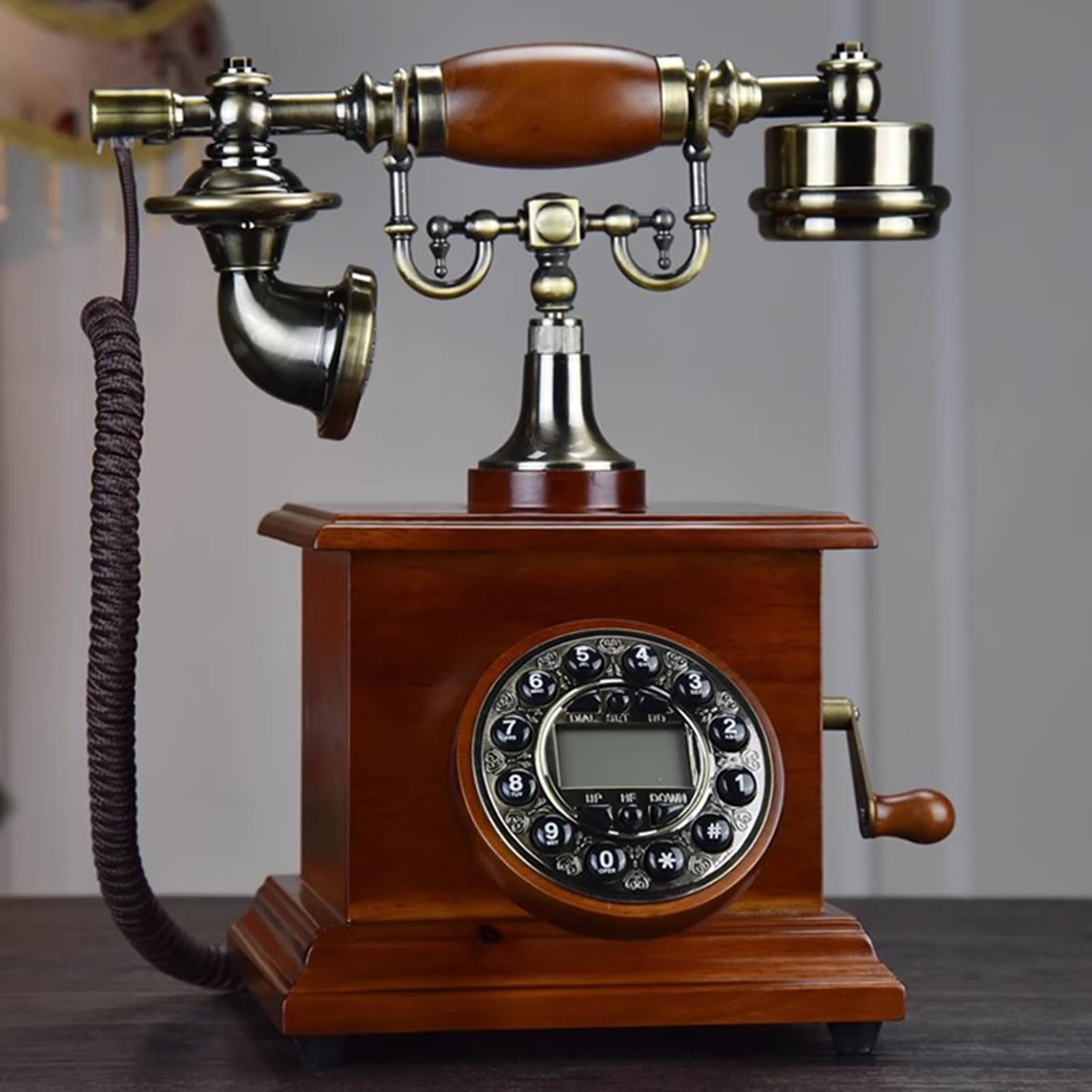 Teléfono retro con cable, teléfono fijo vintage para el hogar/oficina, teléfono clásico de madera antigua con botón, B, B (B)