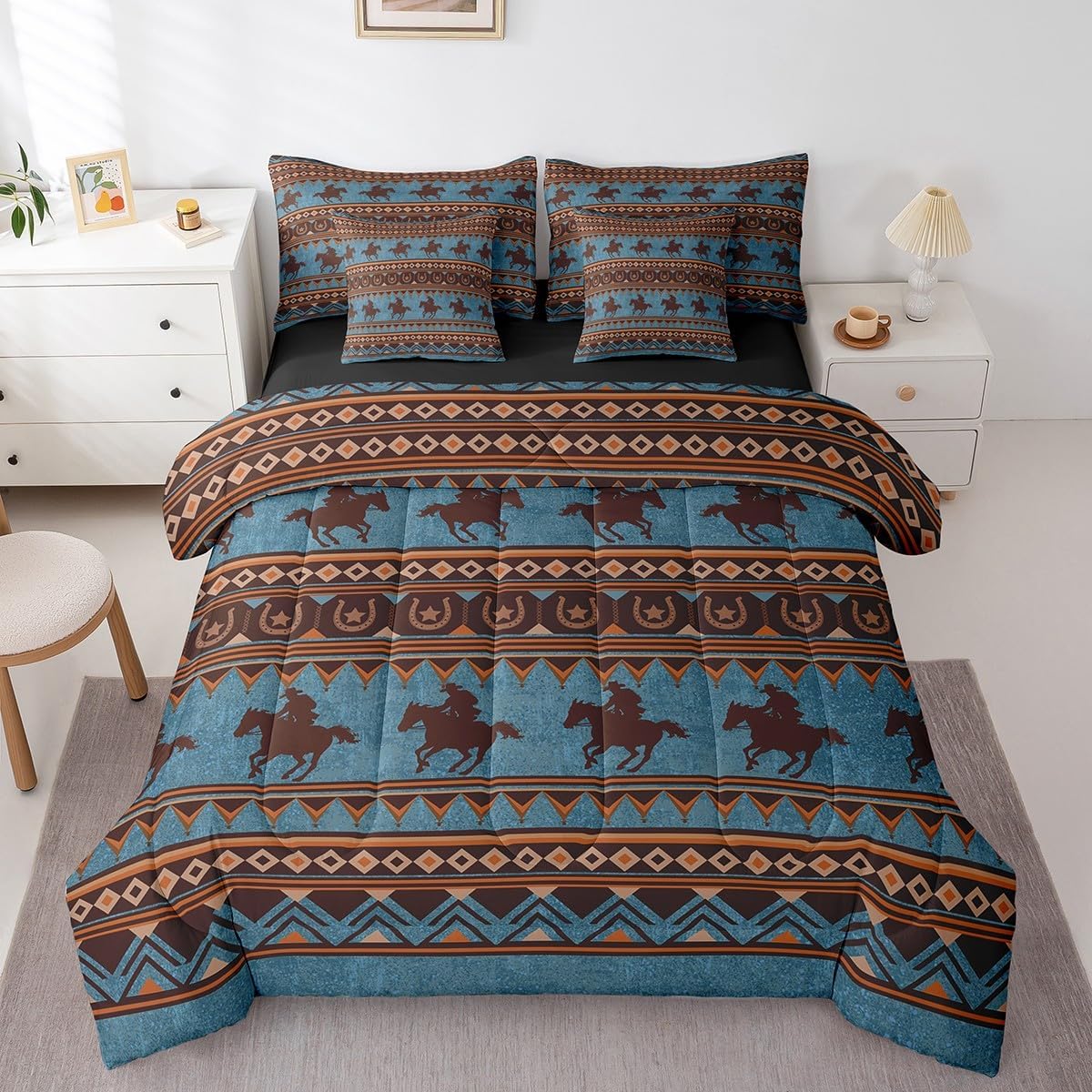 Feelyou Western Decor Comforter Set with Sheets Queen Size Southwestern Native Aztec Bed in a Bag Horse 7 Pieces Bedding Set Retro Exotic Boho Bed Set Room Decor Blue