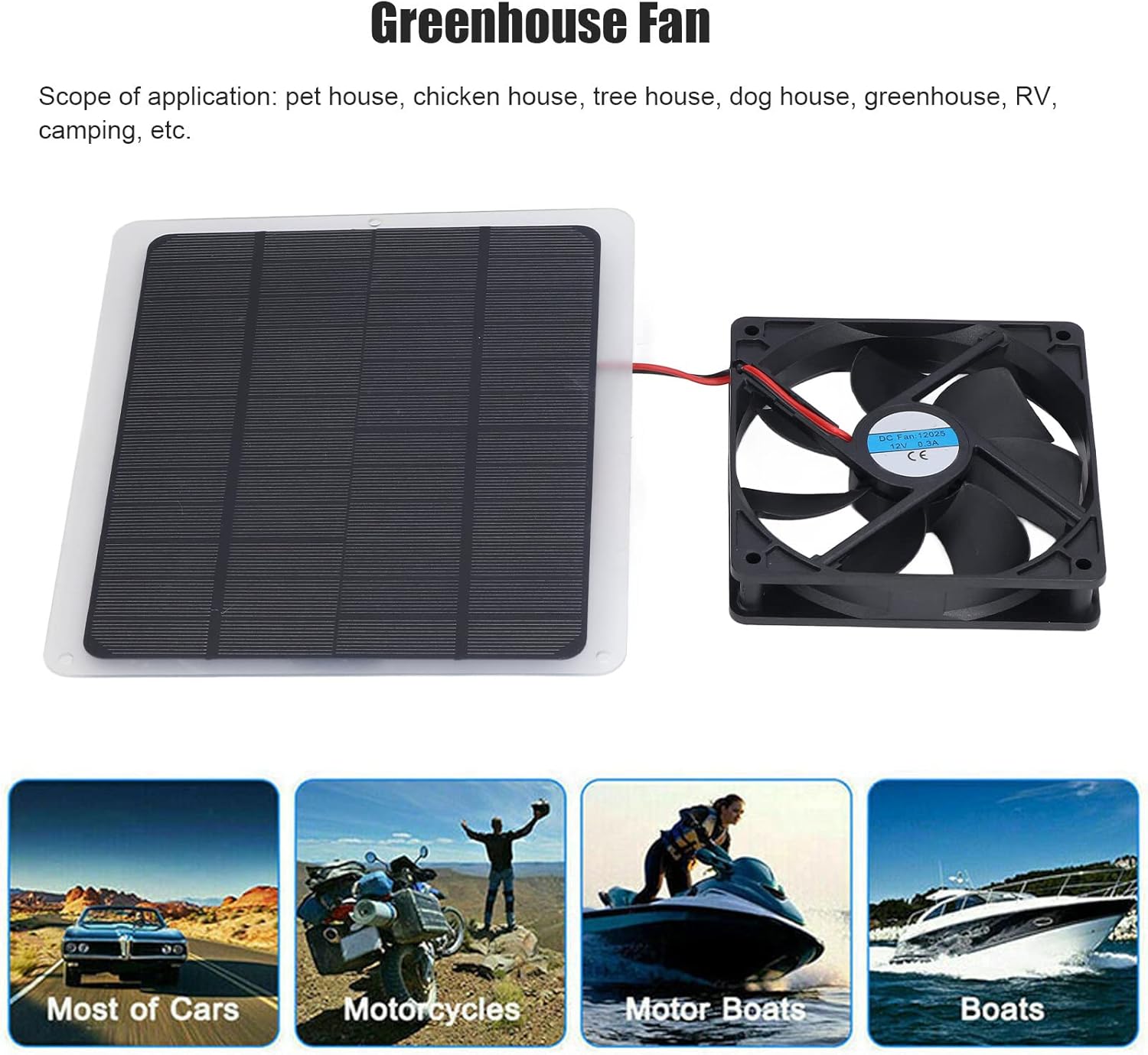 Solar Fan, Convenient Charging 10W 12V Portable Outdoor Solar Fan USB DC for Pet Houses for Greenhouses for RV