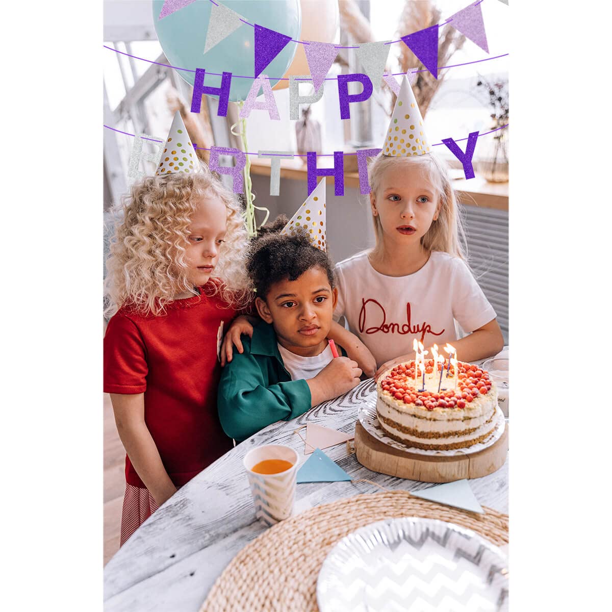 Happy Birthday Banner Lila Glitzernd - Mit Luftballons Für Perfekte Mädchen-Party