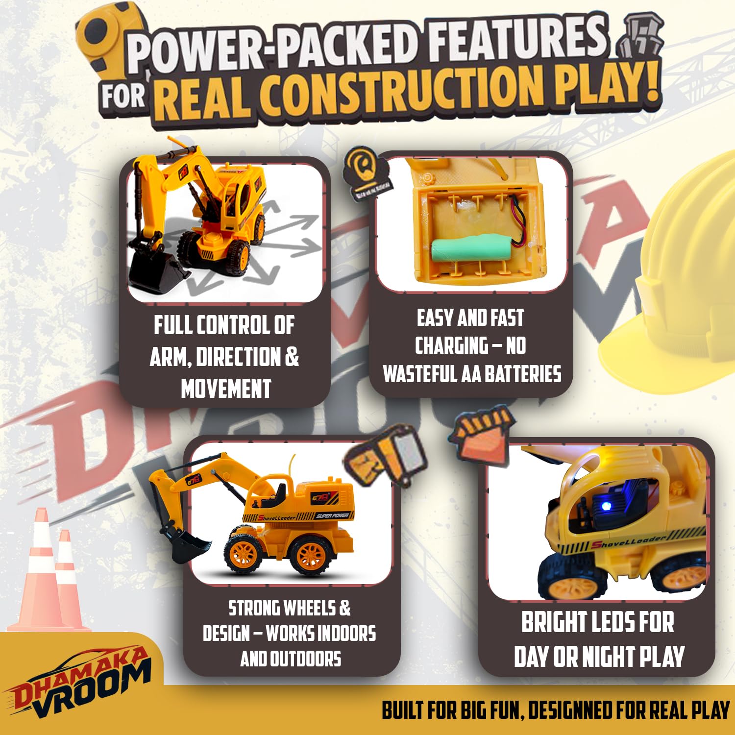 DHAMAKA VROOM Remote Control JCB Digger Toy – USB Rechargeable Excavator Construction Vehicle with 4-Way RC Car, Flashing Lights, Realistic Sound, Moving Shovel Arm for Kids (Model 8037, Yellow) 1