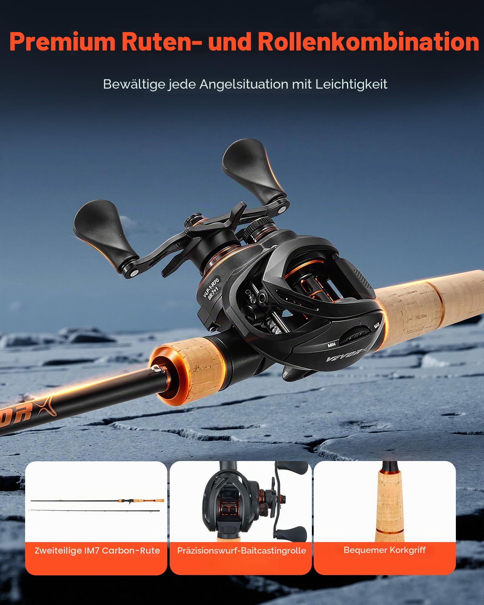 VEVOR Angelrute und Angelrolle (Baitcasting) im Set, 2,13 m Rute aus Kohlefaser (IM7), Bassangelruten-Set mit 7+1 Kugellagern & Übersetzung 7,0:1 & Korkgriff, rechtshändiges Angelset