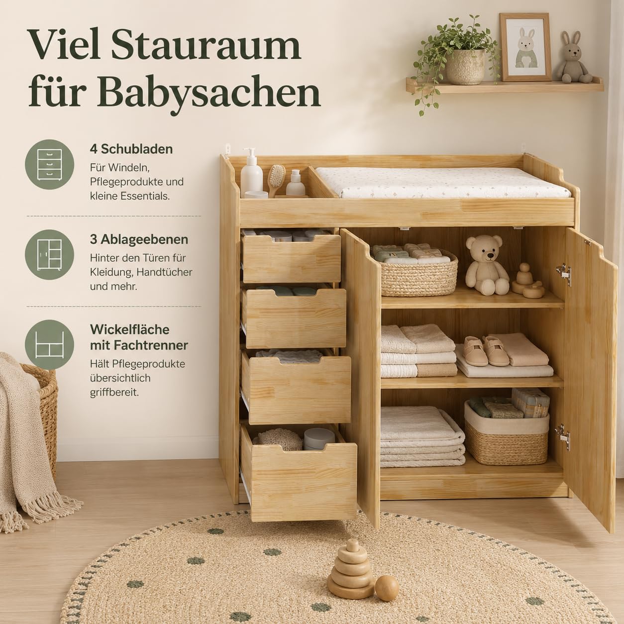 Cambiador bebé con 4 cajones y 2 puertas, cómoda madera infantil