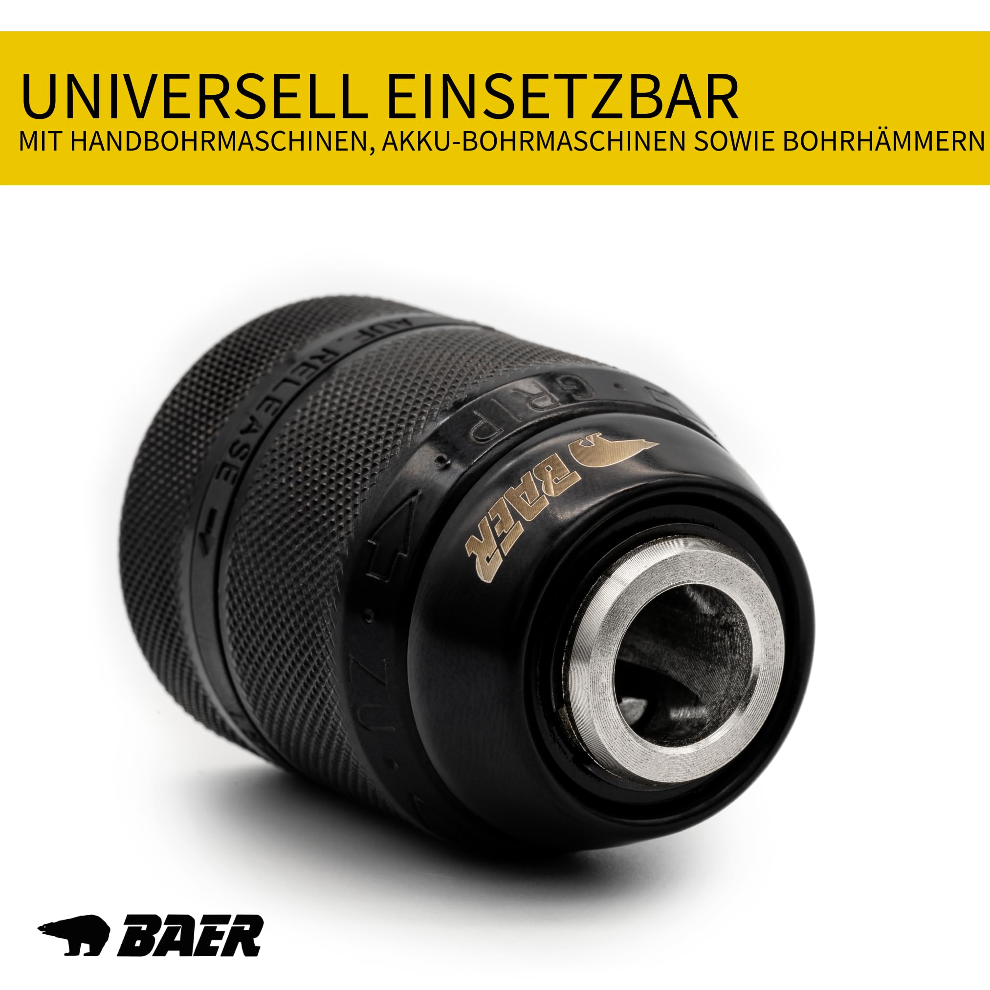 BAER Schnellspannbohrfutter 1,5–13 mm | 1/2-20 UNF | Schlüsselloses Ganzmetall Bohrfutter für Handbohrmaschine, Akku-Bohrmaschine & Bohrhammer | Selbstspannendes Präzisions-Spannfutter BaerCoil