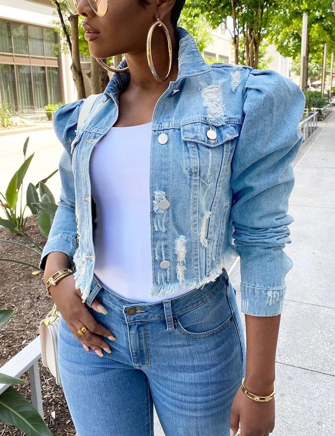 AMEBELLE Jean Jacket for Women Long Puff Sleeve Distressed Crop Denim Jackets Top - Image 2