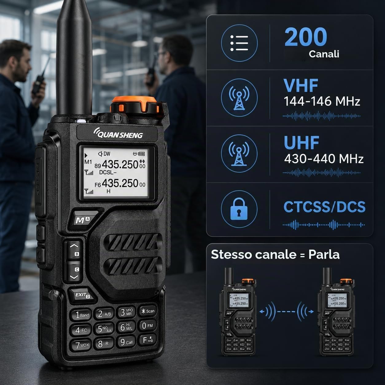 QUANSHENG Walkie Talkie UV-K5 Professionali Radio，200 Canali CTCSS/DCS Walkie Talkie Professionali con Auricolare，Ricetrasmettitore a Lungo Raggio Adatte per Attività all'aperto,Ciclismo,Cantieri