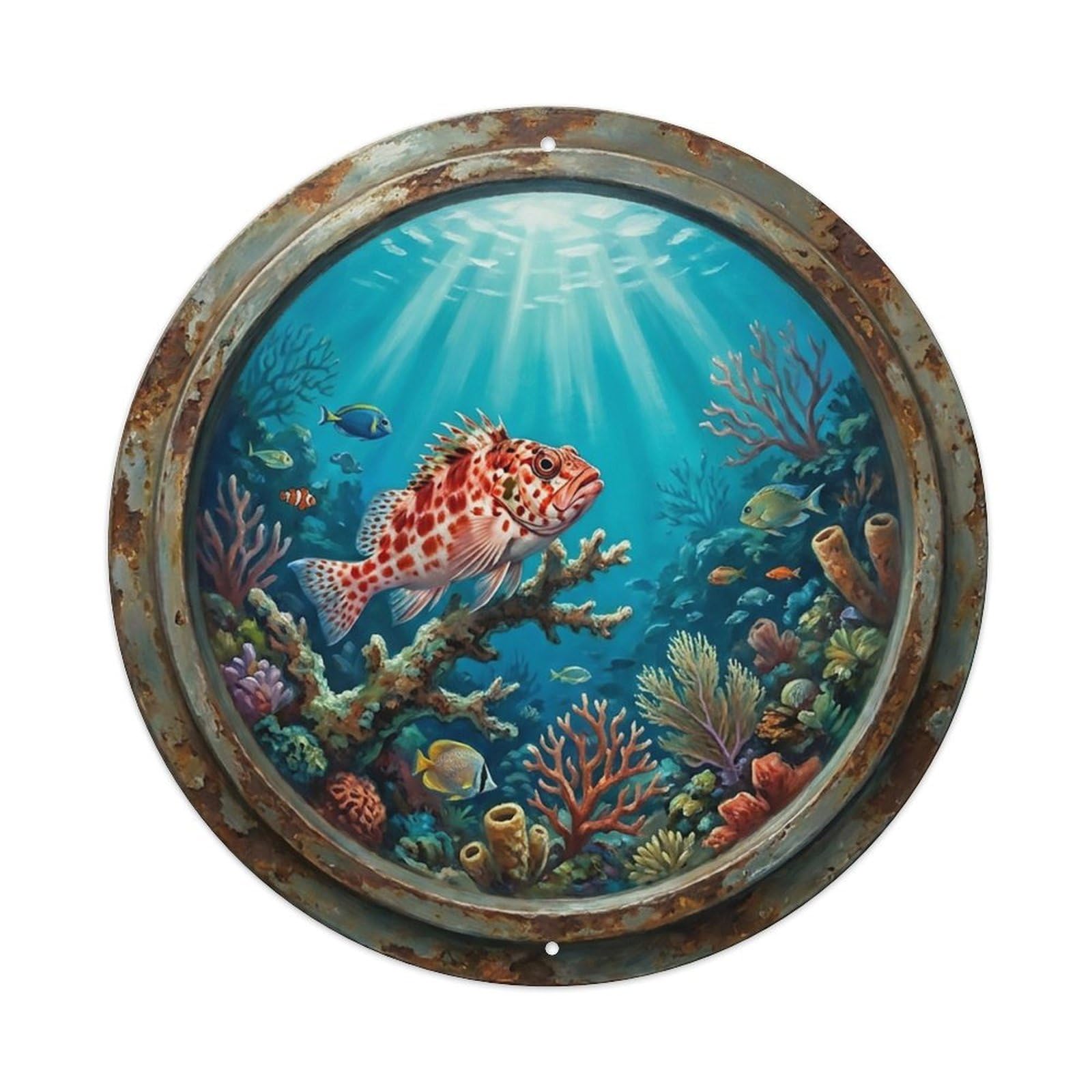 Vintage Porthole Hawkfish Perch Ship Window Undersea Deep Sea Metal Tin Sign