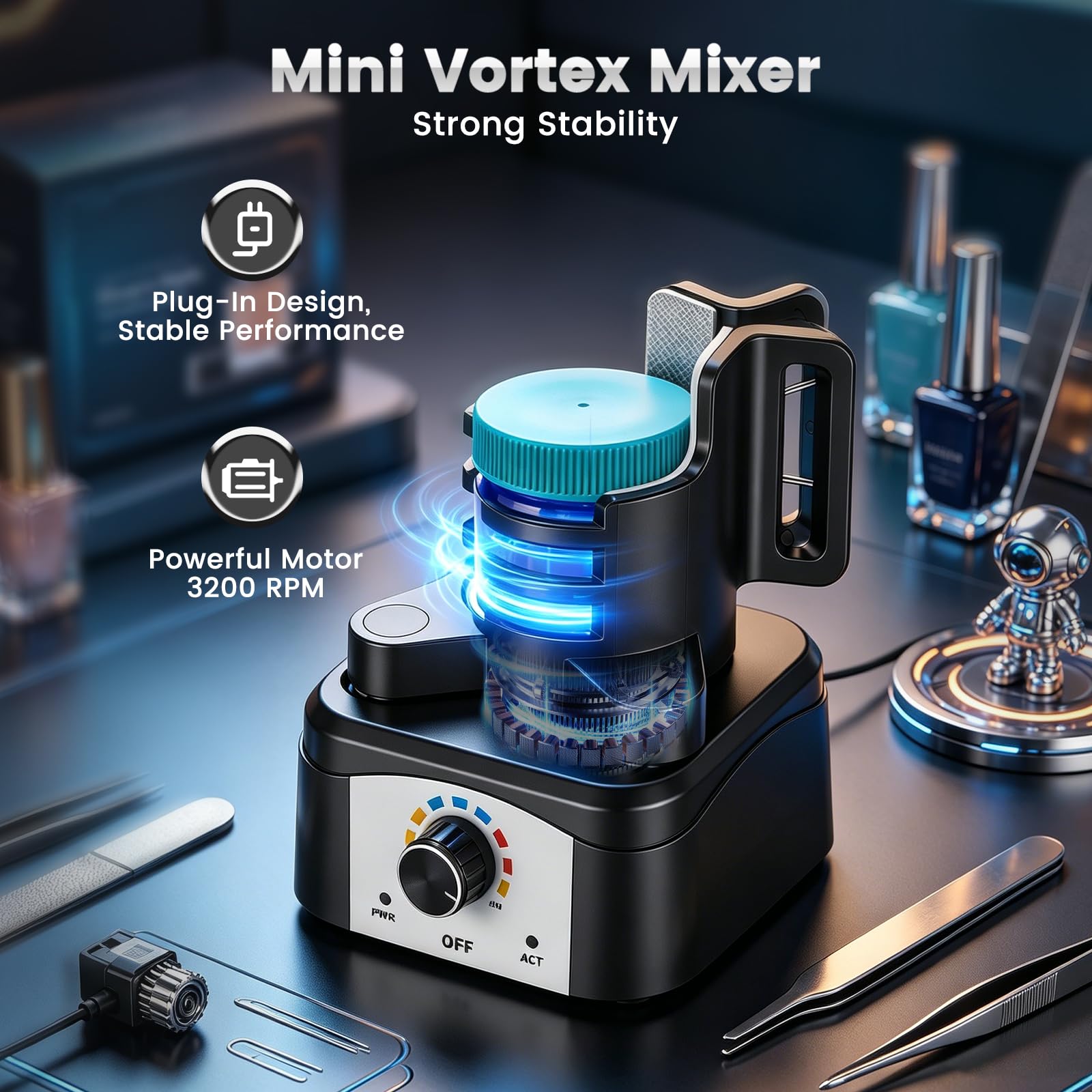Mini Mezclador Vortex, 500-3200 rpm Agitador de Pinturas para Modelismo, Herramienta de Mezcla a 3 Velocidades Manos Libres, Shaker 10-100ml para Esmalte de Uñas, Tubos de Ensayo Laboratorio