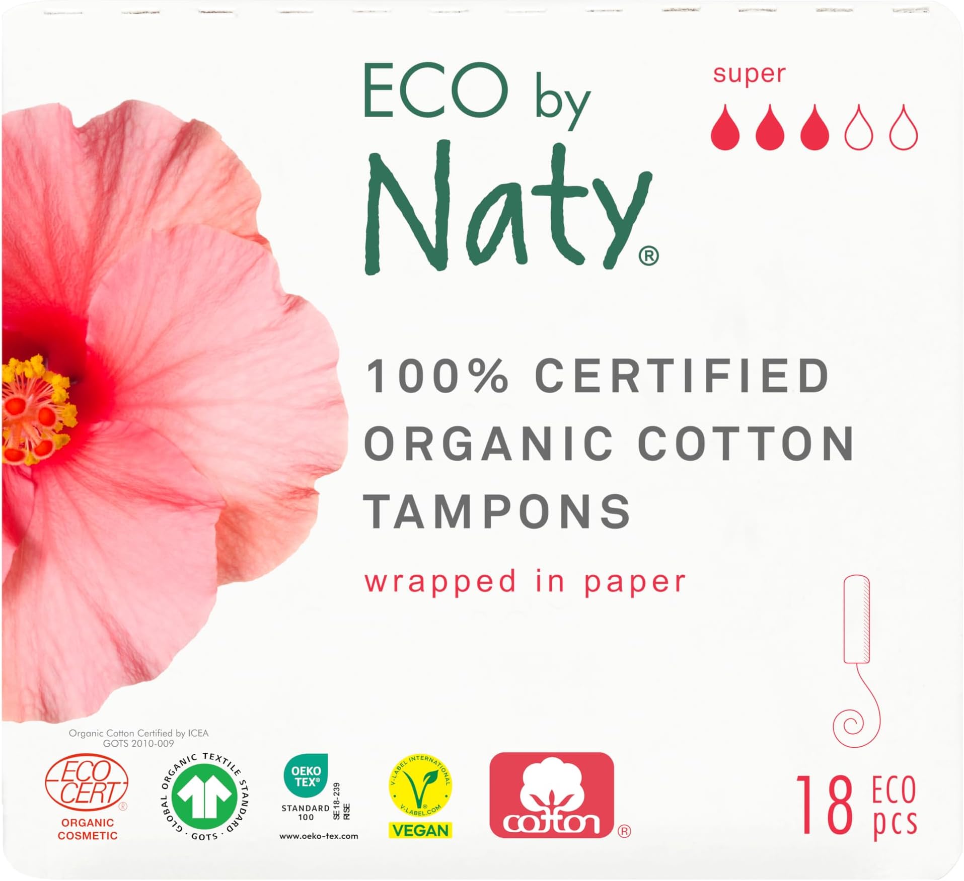 Tampons - Super, 18 tampons. Plant-Based, Vegan, 100% Organic Cotton