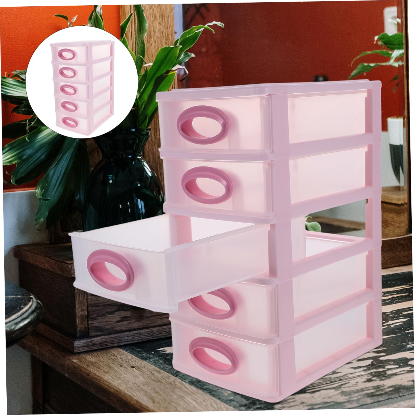 PLAFOPE Organizador de Escritorio en Pp 5 Cajones Diseño Simple Caja Almacenaje Maquillaje Rosa y Montaje Fácil para Maquillaje y Papelería para Oficina