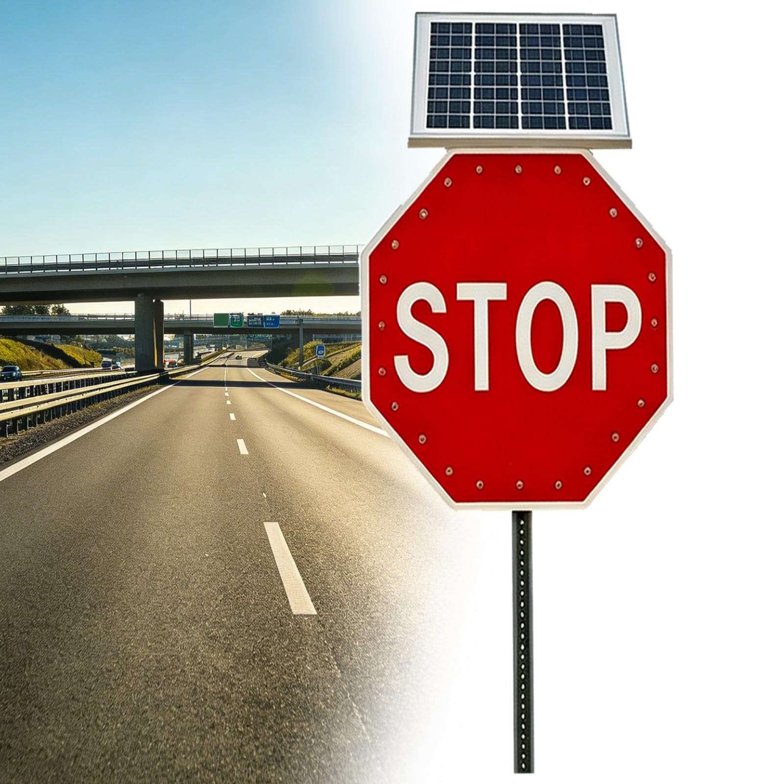 Señal Vial de Alta Visibilidad Solar, Cartel de Stop LED Octogonal, Marco de Aluminio, Lámina Reflectante Industrial, para Carreteras Rurales, Zonas y Parques Públicos(30")