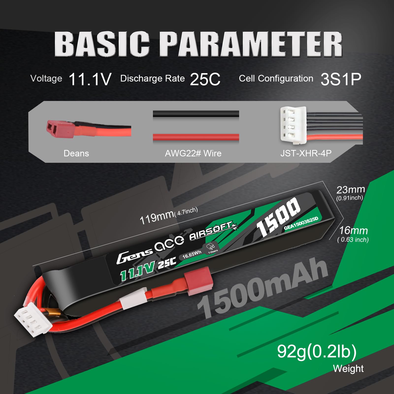 Gens Ace Batería LiPo 11,1 V 1500 mAh 25C 3S1P con Conector Deans (T-Deans), Compatible con Réplicas de Airsoft AEG