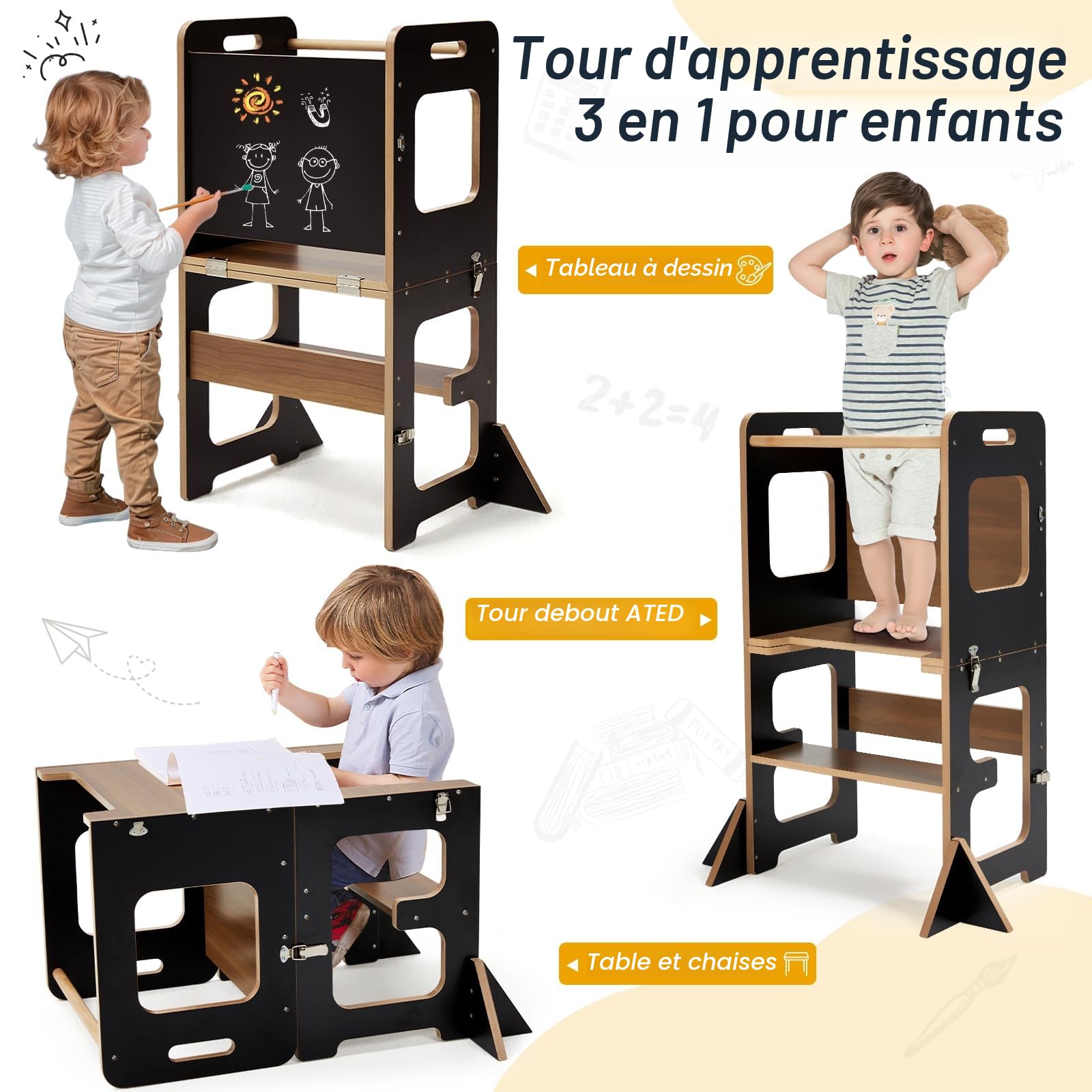 Labebe tour d'apprentissage Montessori avec tableau noir, tour d’observation pliable 3-en-1, pour enfants dès 1 an - Noir