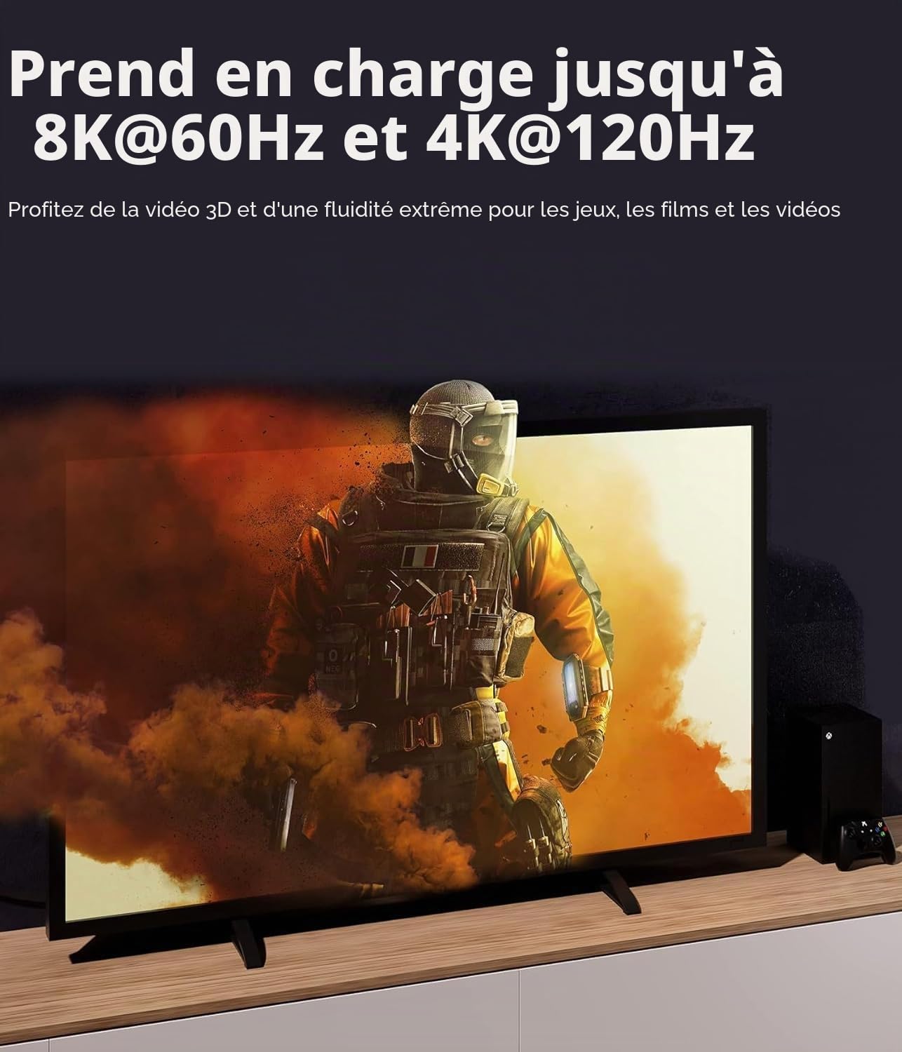 Câble HDMI Fibre Optique 8K 4K 10M, Câble HDMI 2.1 Optique Tressé en Nylon Ultra Haute Vitesse, 8K@60Hz 4k@120/144Hz HDR eARC 3D Dolby HDCP 2.2 pour PS5, Xbox Series X, PC, TV