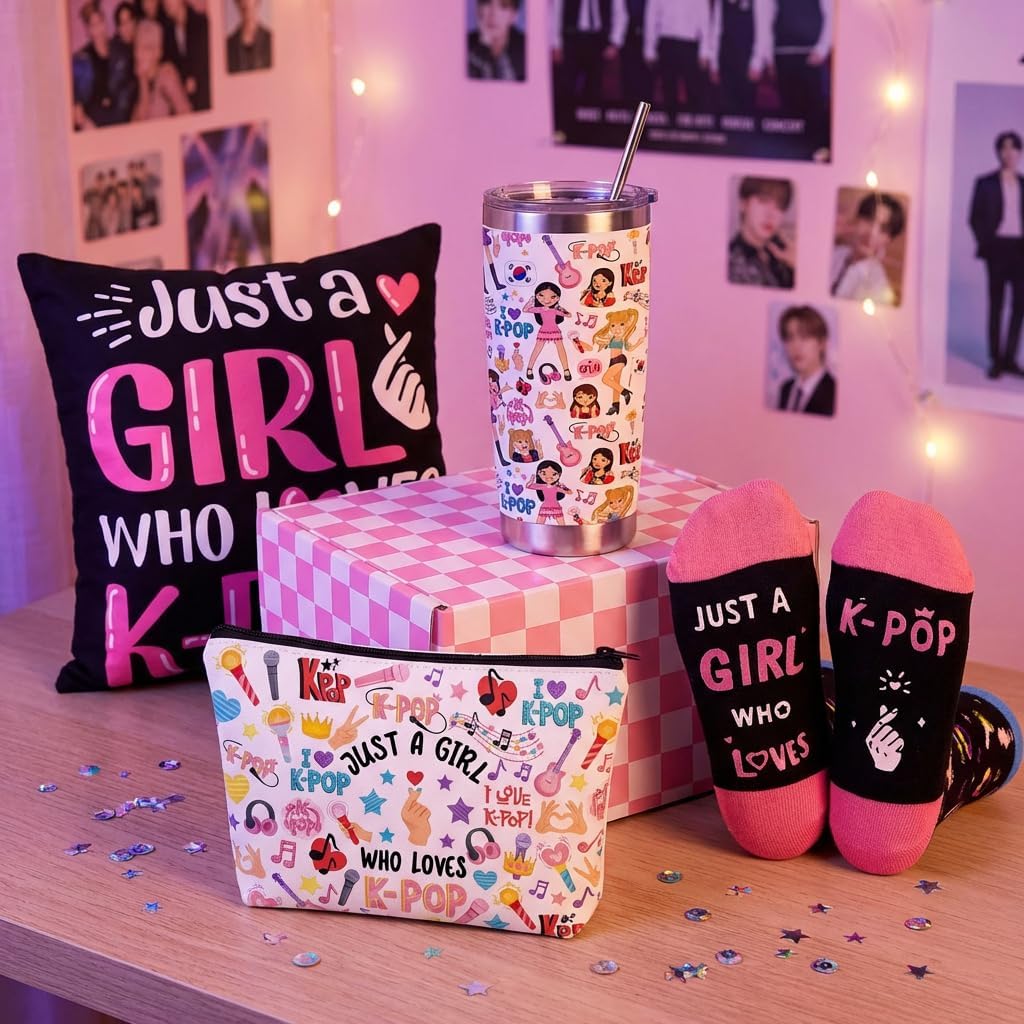 Kpop Gift Set Includes 20oz Tumbler, Throw Pillow Cover, Socks & Makeup Bag Just a Girl Who Loves K-pop Room Decor Birthday Gifts for Kpop Music Fans (Black)