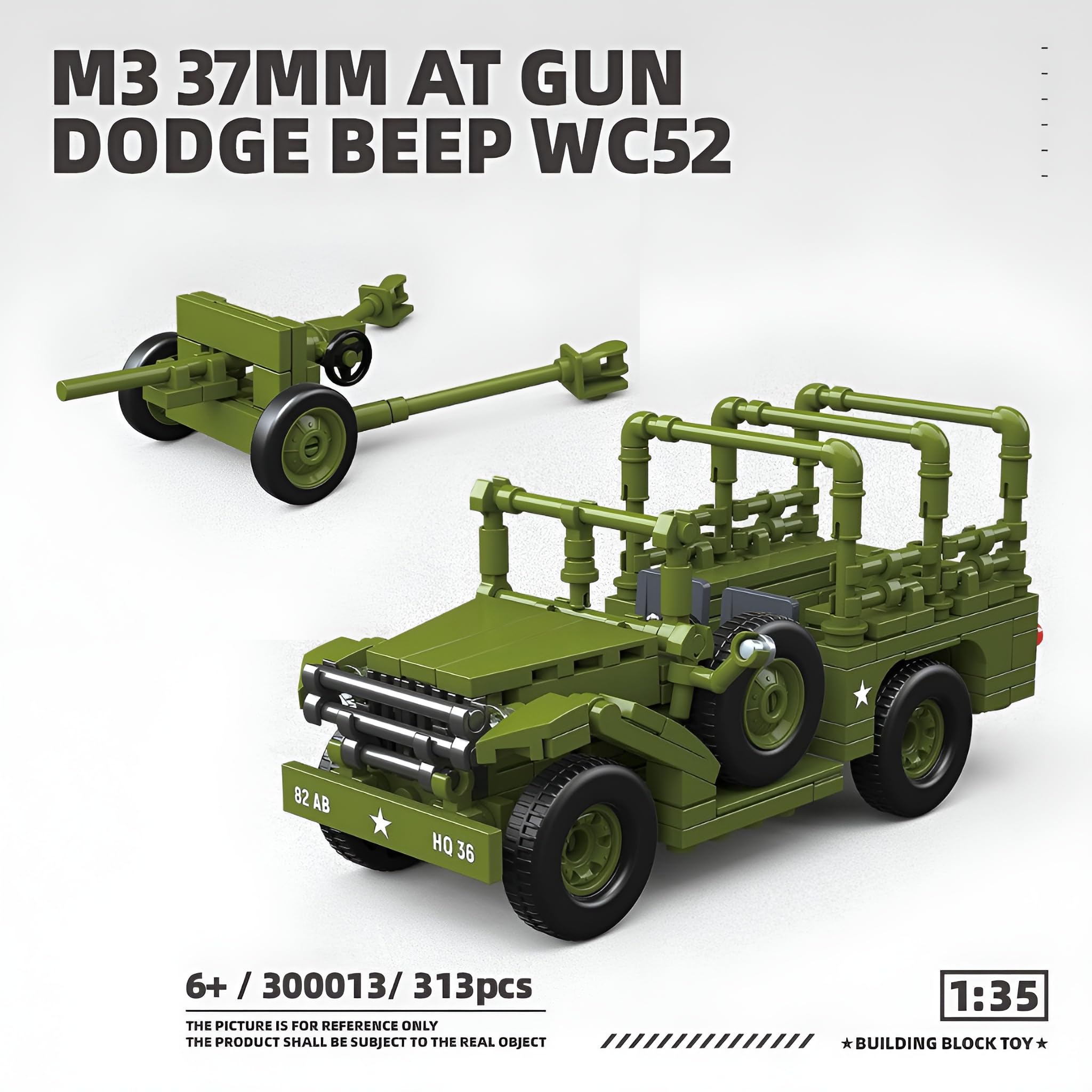 Military Tank Building Block Set, 313PCS M3 37mm AT Gun Dodg Beep WC52 Bricks Kit, 1:35 Scale WW2 Military Vehicle - Image 4