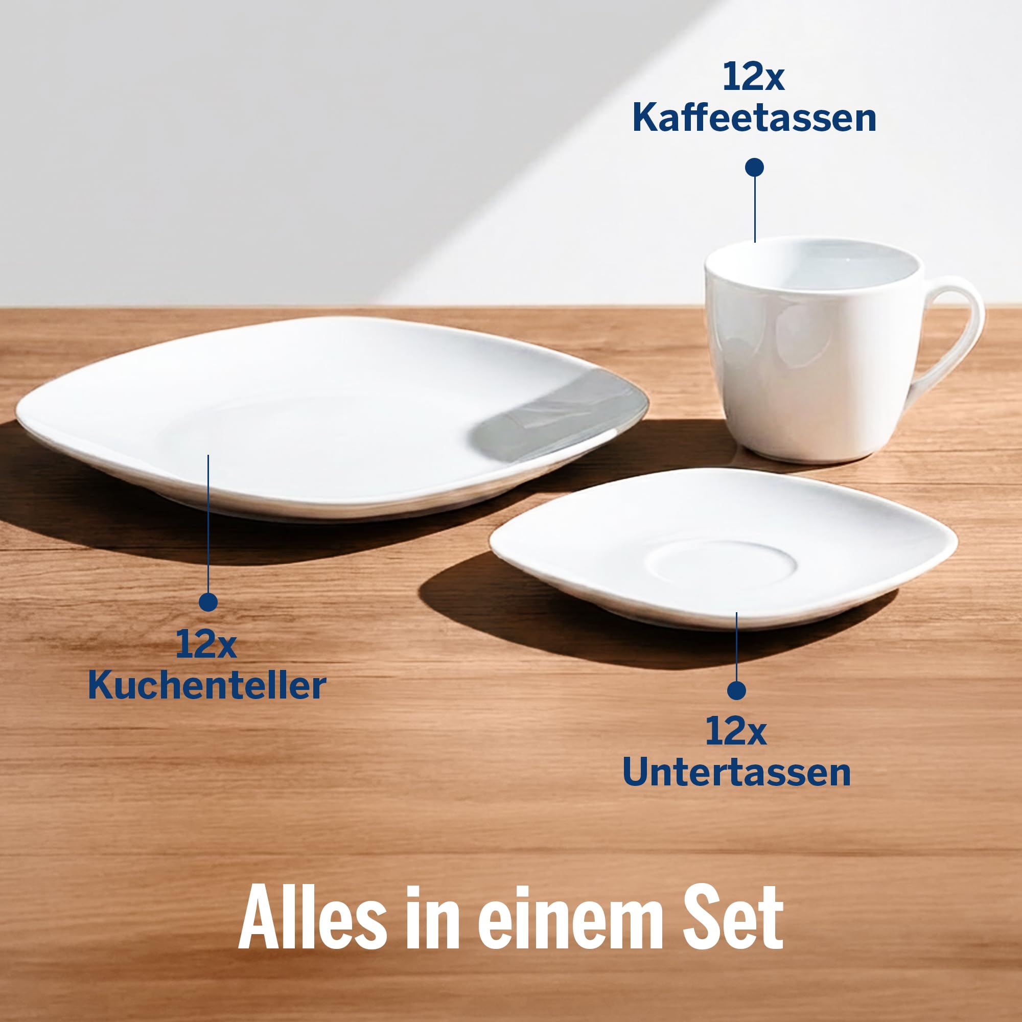 Van Well Lilli Porzellan Geschirrset 36-teilig – Modernes, eckiges Kaffee Geschirr Set in Weiß – Kombiservice für 12 Personen – Tafelservice & Geschirr für Gäste – Mikrowellen- & Spülmaschinengeeignet