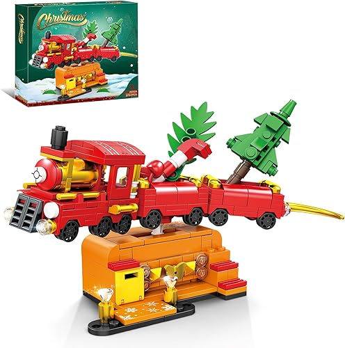 KAZI Juguetes de construcción de tren de Navidad para niños, juegos de tren de Navidad con árbol de Navidad, decoraciones navideñas de interior para