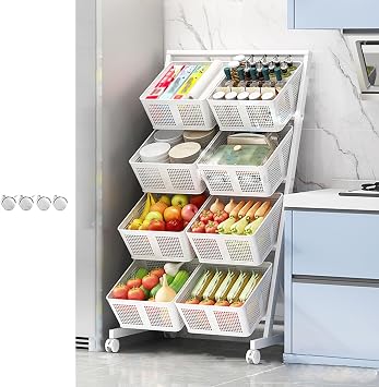 Fruit Vegetables Storage Stand for Supermarket, Adjustable Height Metal Food Baskets for Kitchen/Storage Room, Large Capacity Snack Rack OrganizerWhite,4 Tiers8 Baskets