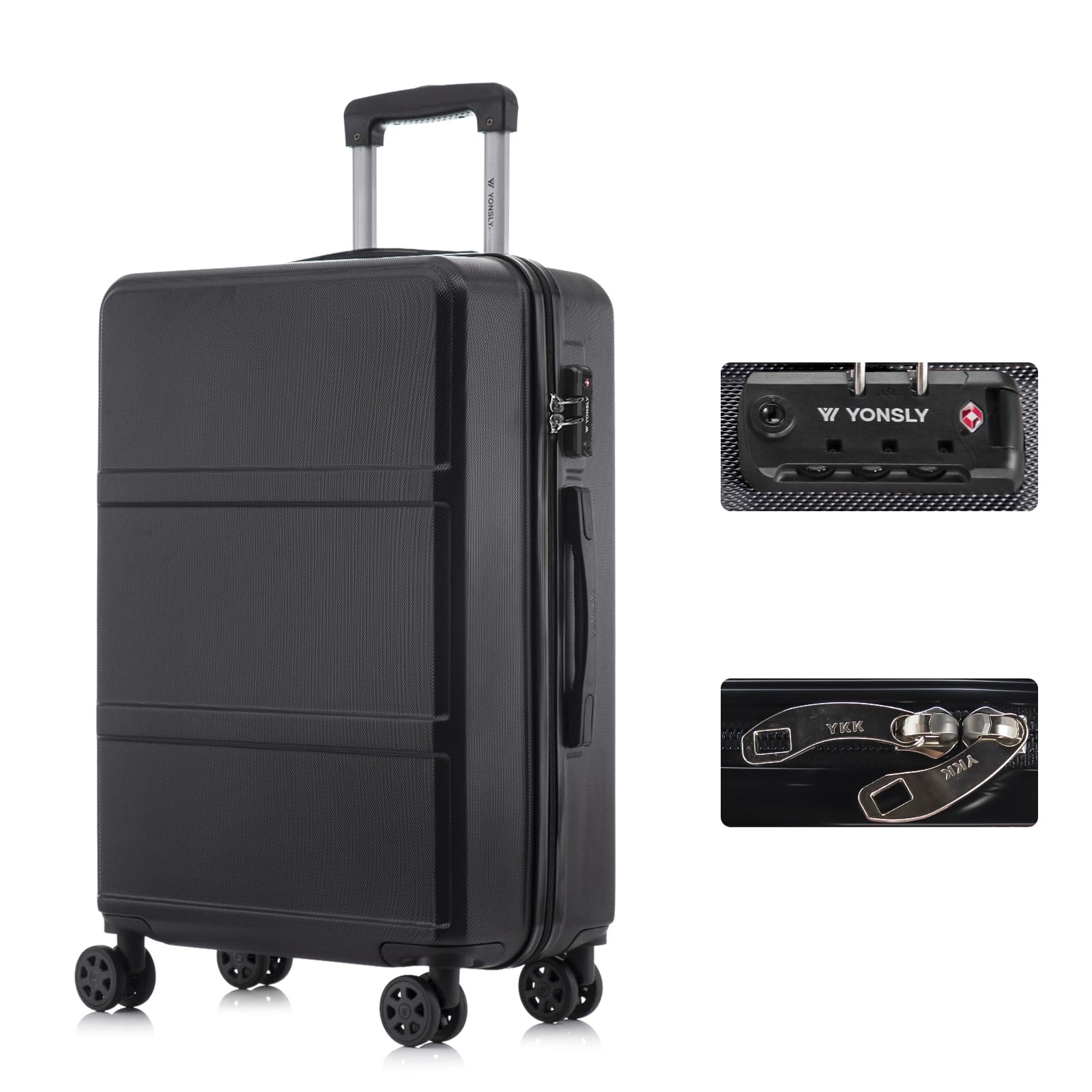 YONSLY Premium Reisekoffer TSA-Schloss,YKK-Reißverschluss Hartschalen-Koffer Trolley Rollkoffer Suitcase Handgepäck 4 Rollen (Schwarz, L)
