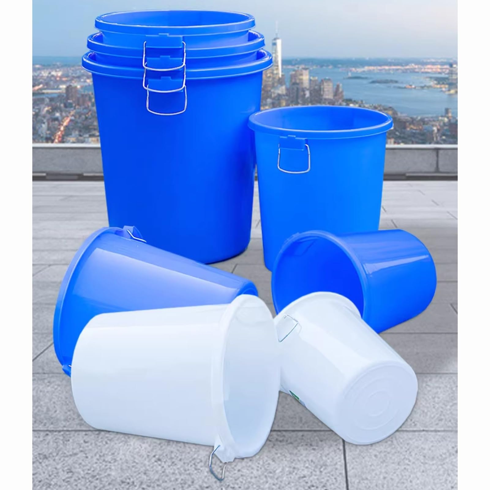 Beczka na Deszczówkę 45/65/90/120 L, Zbiornik na Wodę, Beczka na Deszczówkę, Łapacz Deszczu, Beczka Plastikowa z Pokrywką(Blue,38x51x55.5cm/15x20x22in)
