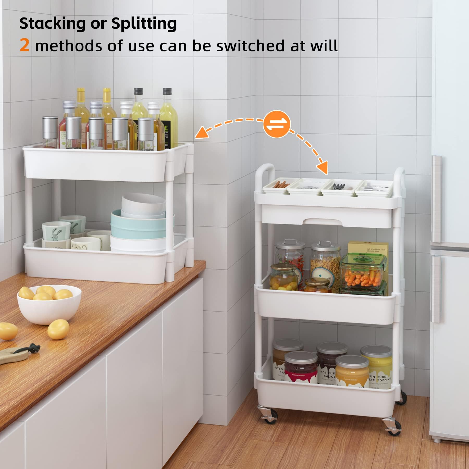 3 livelli Carrellino con Ruote Portatutto con Cassetto Salvaspazio Carrello Portaoggetti per Bagno Cucina Plastica