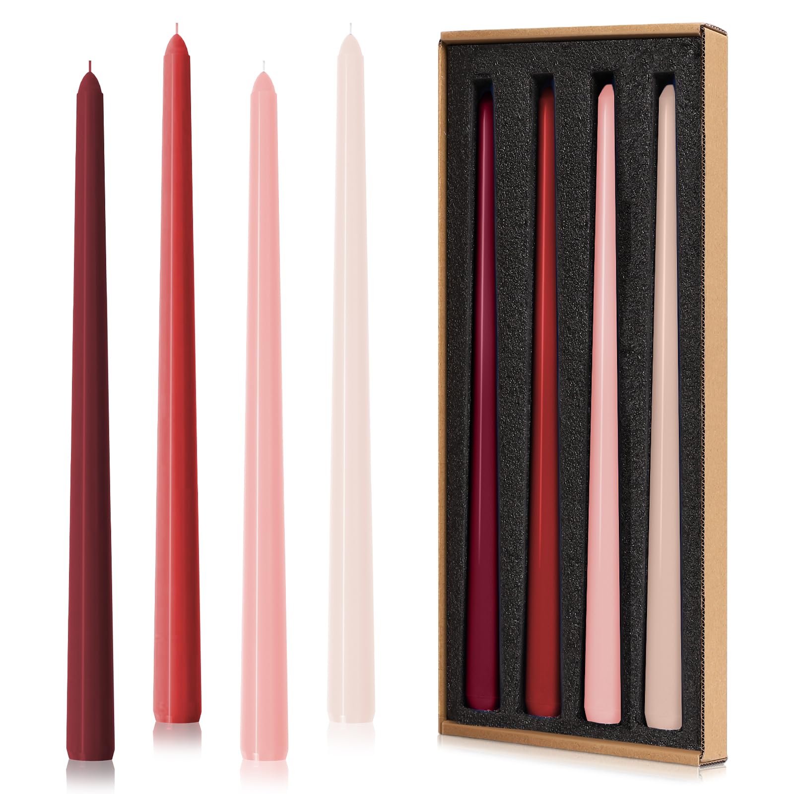 Taper Candles 12'' Tall Red Burgundy Pink Ombre Colored Candlesticks Set of 4 | Unscented 3/4 inch Diameter Candle Sticks| Candle for Mantle Home Decor Kitchen Wedding Decorations Centerpiece