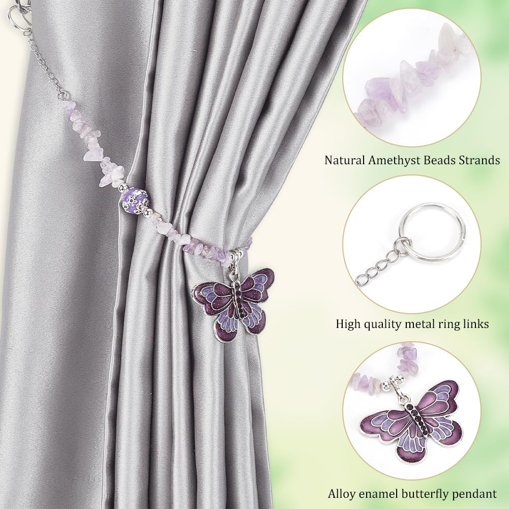 BENECREAT 2Pcs Natural Amethyst Curtain Tiebacks, Curtain Holdback Stone Ropes Curtain Tie Back Hooks with Alloy Enamel Butterfly and Iron Links for Home Office Cafe Balcony, 17.5inch