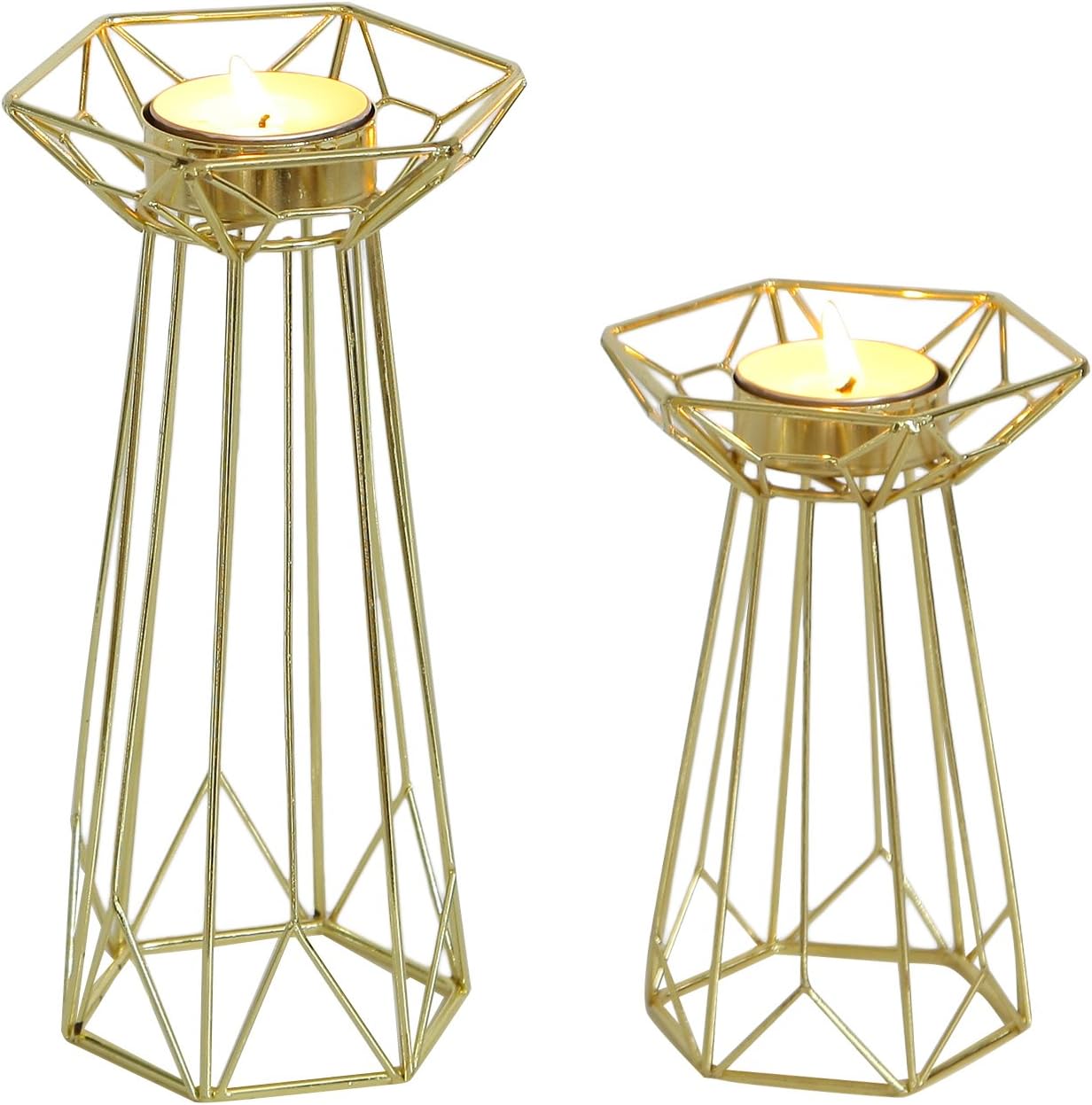Adeco Decorative Standing Tealight Candle Holder - Golden Metal - Home Decor - Set of 2