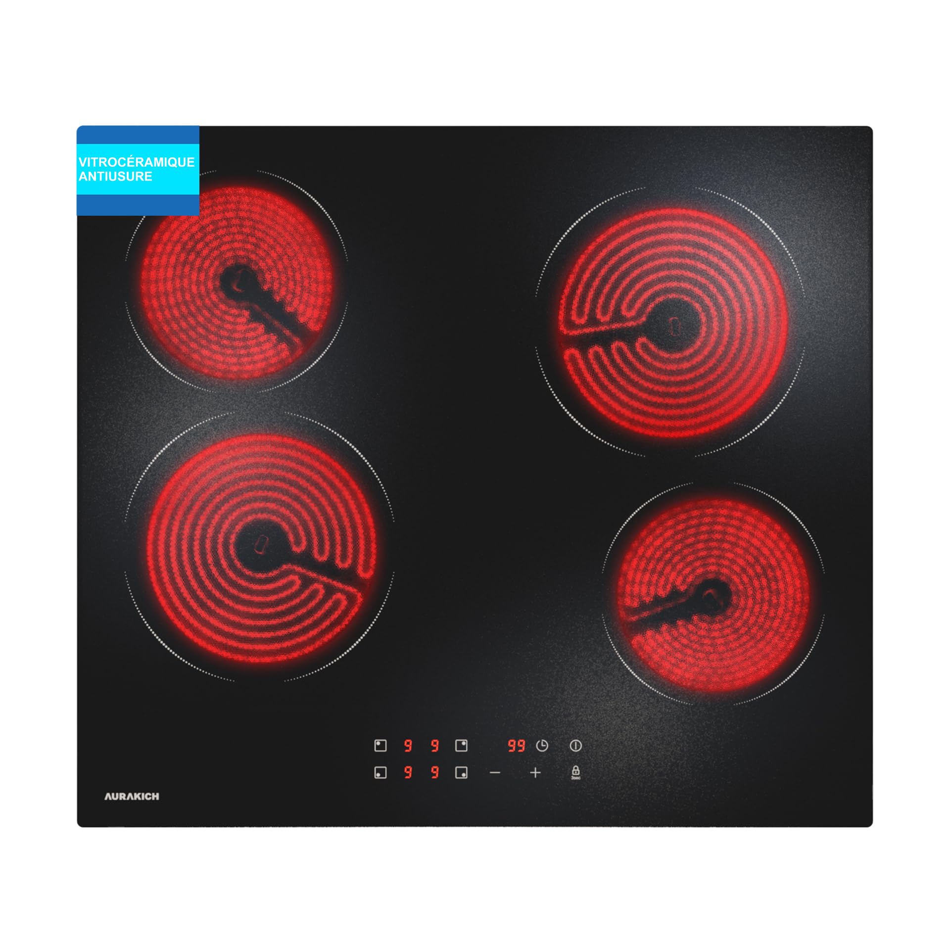 Plaque Vitrocéramique 4 Feux Encastrable 60cm – Plaque de Cuisson Electrique 6000W, Verre Vitrocéramique Antiusure et Garantie 2 Ans, Commande Tactile, Minuteur, Compatible Tous Poêlons