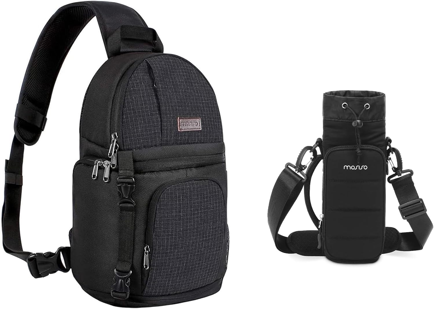 MOSISO Camera Sling Bag, DSLR/SLR/Mirrorless Camera Backpack Case Shockproof Photography Backpack with Tripod Holder & Removable Modular Inserts&Puffy Water Bottle Holder with Handle for Hiking, Black