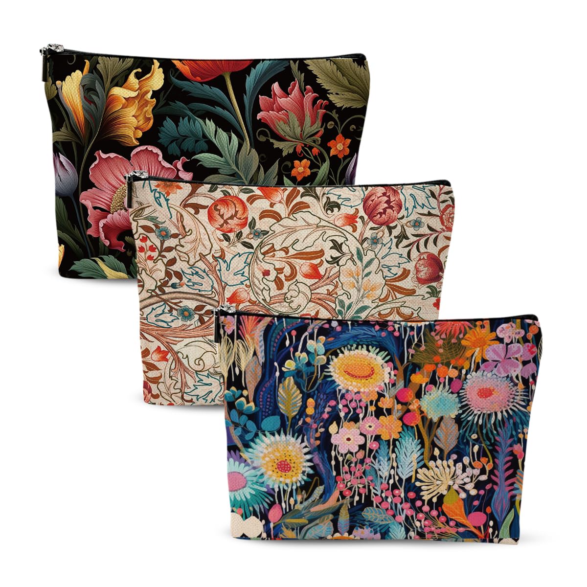 3pcs Colorful Flower Makeup Bag, Abstract Botanical Flower Cosmetic Bag, Christmas Wedding Anniversary Birthday Friendship Gifts for Women Girls Best Friends Sister Bestie Grandma Travel Toiletry Bag