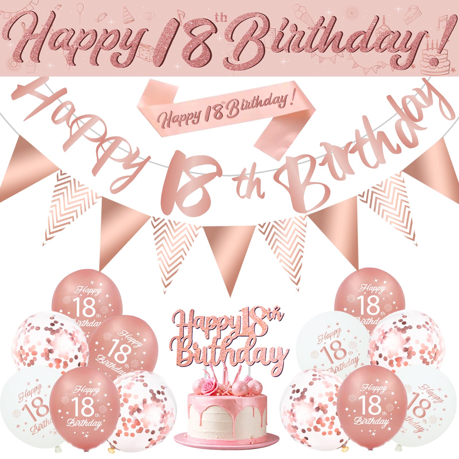 18th Birthday Decorations for Girls, Rose Gold Balloons with Happy 18th Birthday Banner and Flag, Sash, Triangle Bunting Flags, Cake Topper, 18th Birthday Balloons for Party Decoration