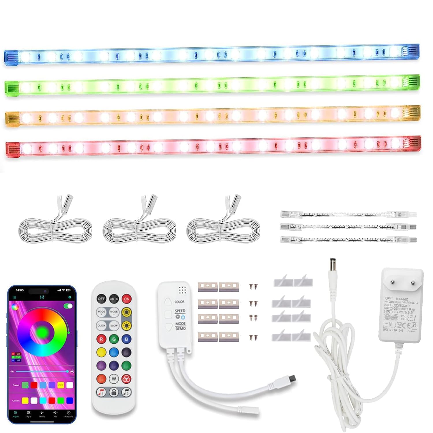 Cefrank Illuminazione armadio RGB 4 x 30 cm Kit barra luminosa a LED RGB collegabile per vetrina, Smart App e telecomando, Sincronizzazione musicale, Modalità scena, Multi-colori