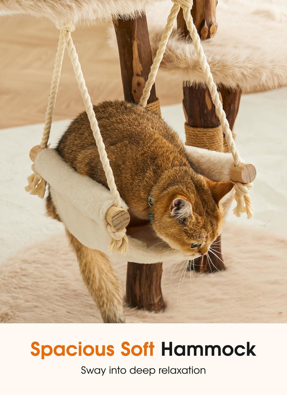 59" Modern Cat Tree Tower for Large Indoor Cats, Perches-Natural Solid Wood Cat Tower with Sisal Scratching Post, Perches, Hammock & PlayBalls, Aesthetic Boho Cat Furniture