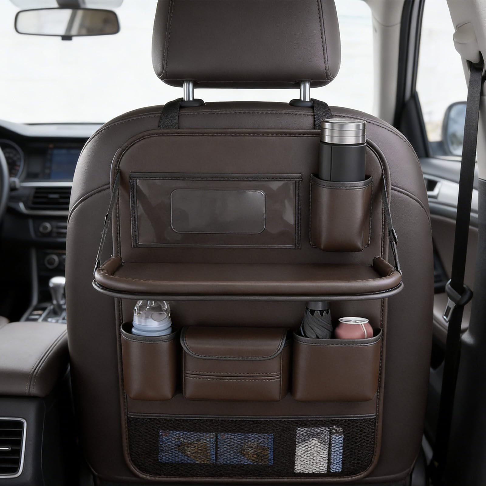 Organizador de asiento trasero de coche con bandeja de mesa plegable, soporte para tablet y alfombrillas para patadas, paquete de 2 accesorios de viaje de ajuste universal para la mayoría de los
