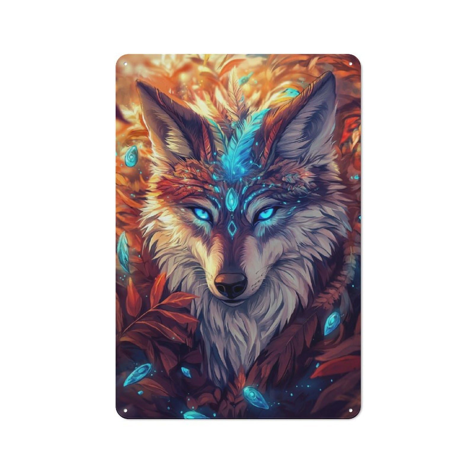 Junmoney Mystical Wolf With Feather Retro-Style Metal Wall Sign 30X20cm For Living Room Wall, Gift Idea At Christmas For Feature Wall Decorators