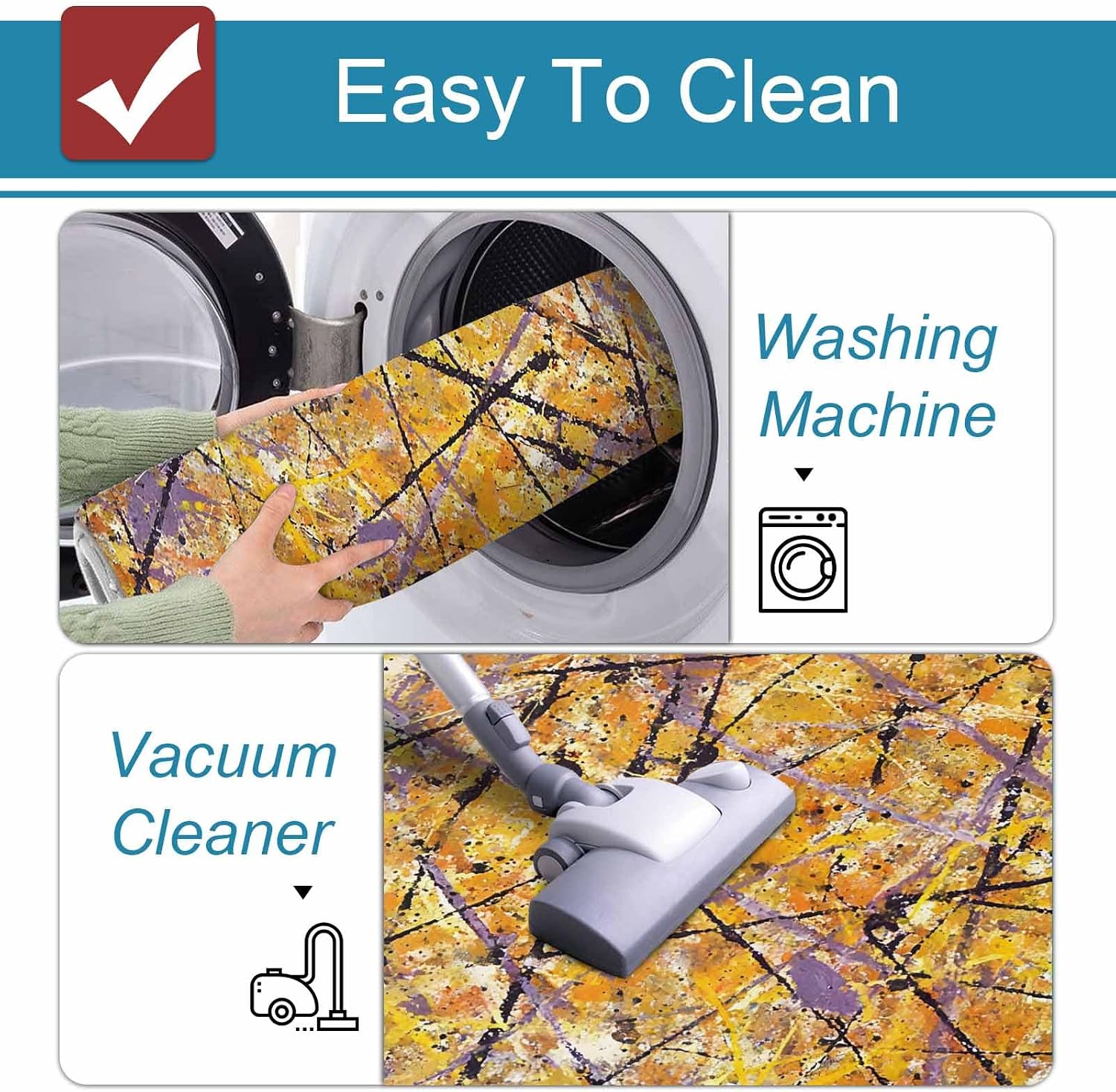 Prime Leader Abstract Artistic Kitchen Mat Set 2 Pieces Yellow Ink Splashes Black Lines Industrial Style Non Slip Kitchen Rugs Washable Runner Rug Mats for Sink Laundry (19.7" x 31.5"+19.7" x 63")