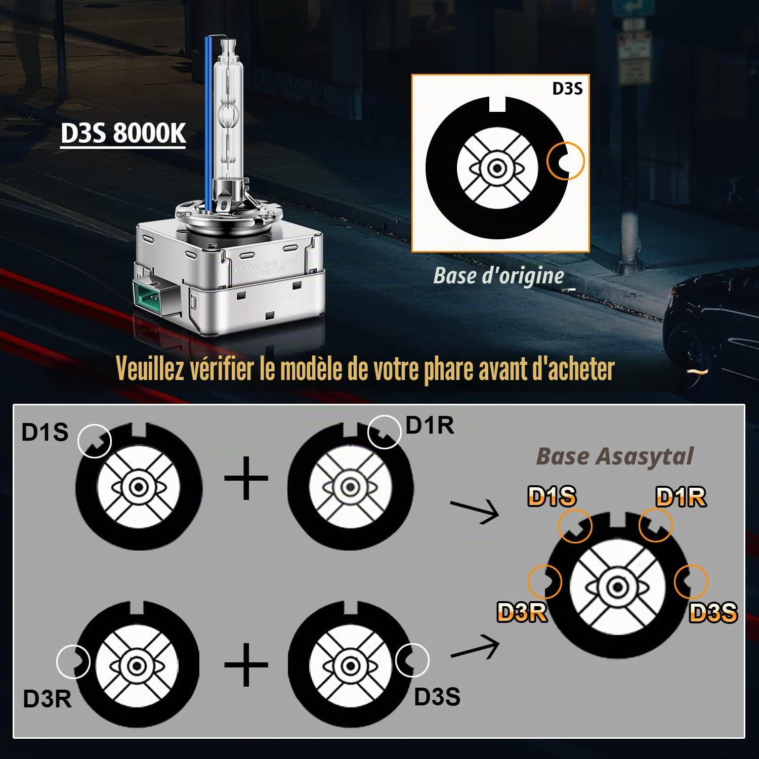 D3S Ampoules Xénon 35W 8000K Rétrofit de Phares à Décharge Cool Blue Xenarc, Ultra Clair Tout en Metal Phares De HID Voiture, Mise à Niveau des Ampoules Extérieures Xénon, 1 Paire