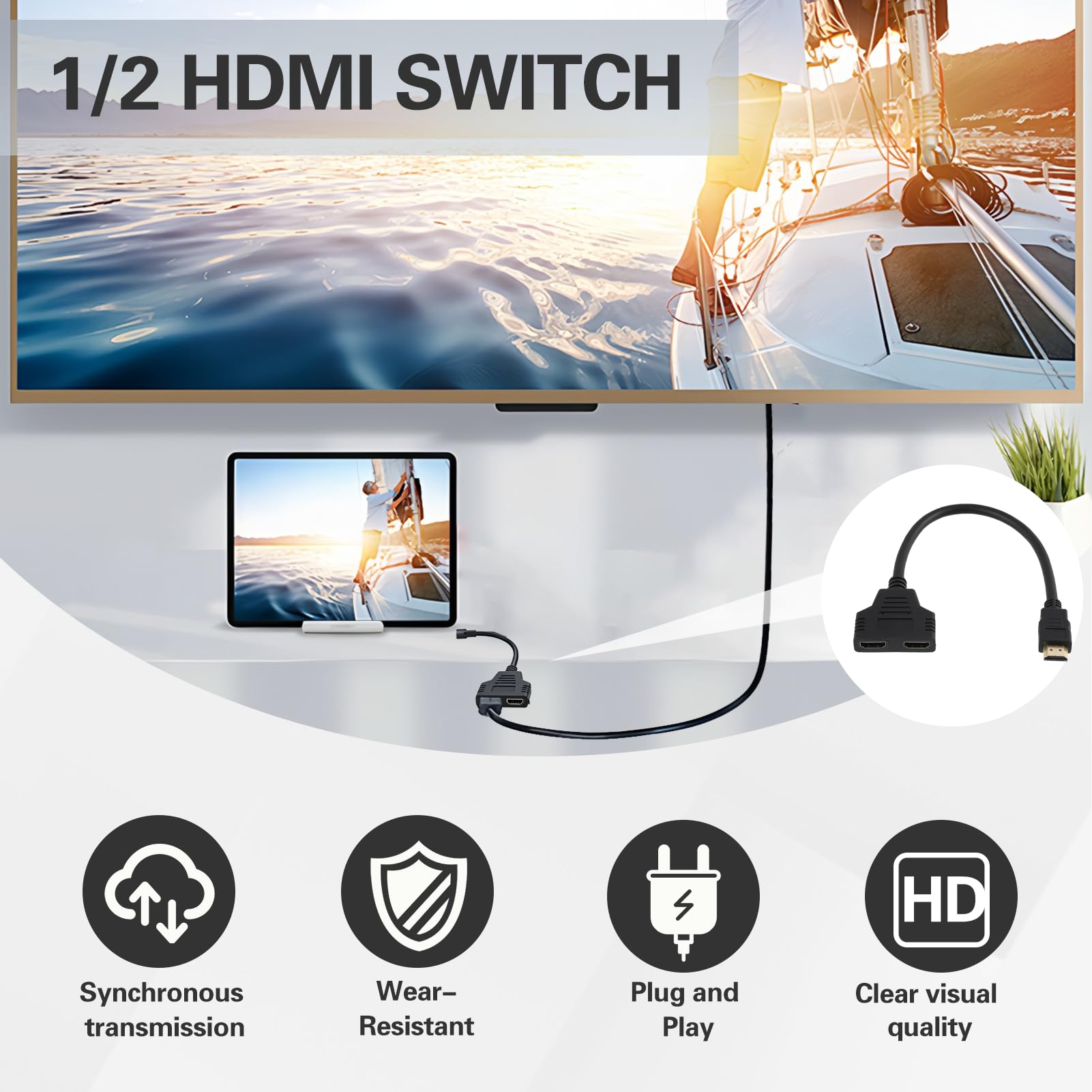 30CM Adaptateur Répartiteur HDMI 1 Entrée 2 Sorties, 1080p Mâle vers Double HDMI Femelle 1 vers 2 Voies Dédoubleur, pour TV et PC, Écran LED, LCD et Projecteur Deux Téléviseurs Commutateur 2 Ecrans
