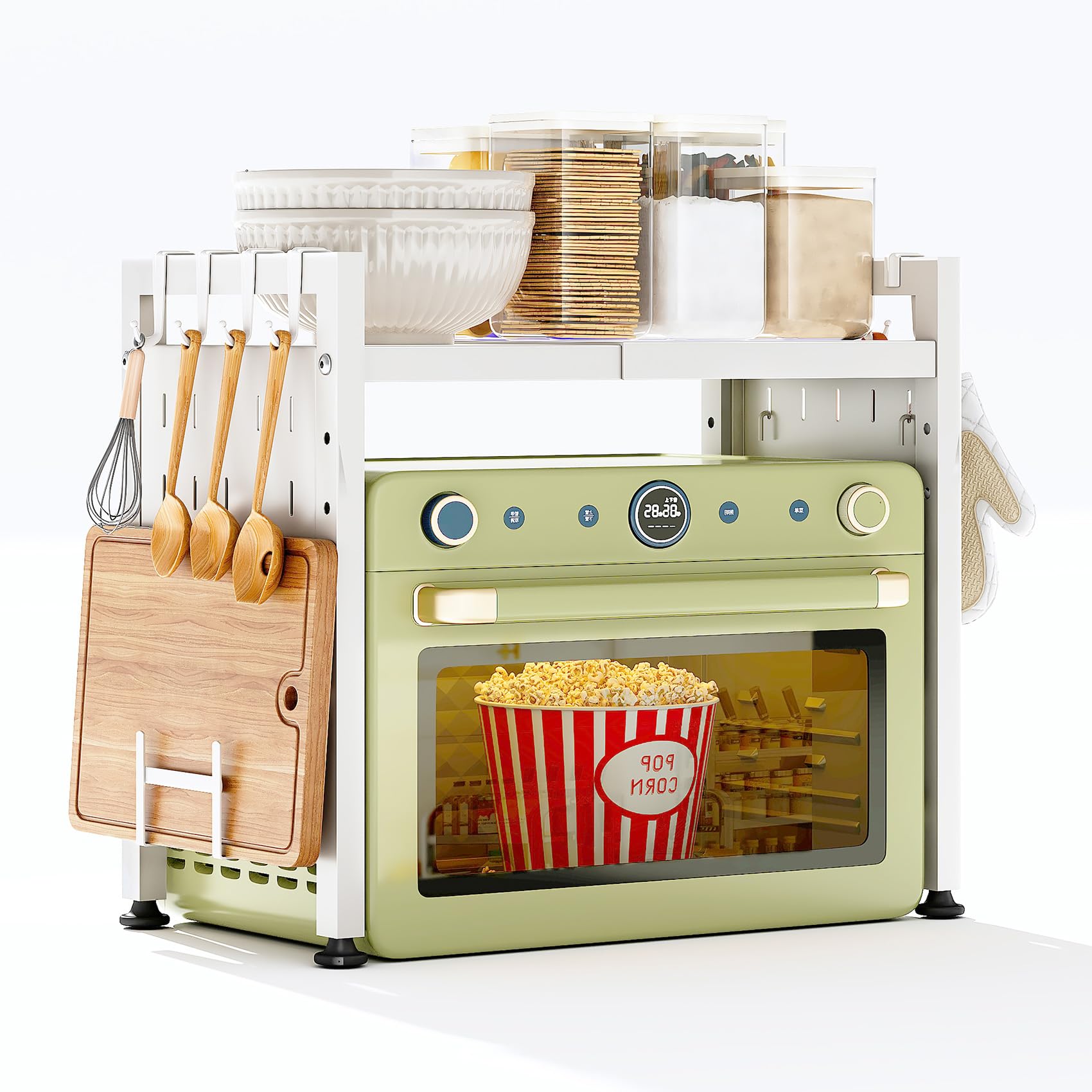 SAYZH Soporte Microondas Extensible, 2 Niveles estante microondas con 10 Ganchos, Soporte Para Microondas Para Encimera de Cocina, 40-70 cm, Blanco