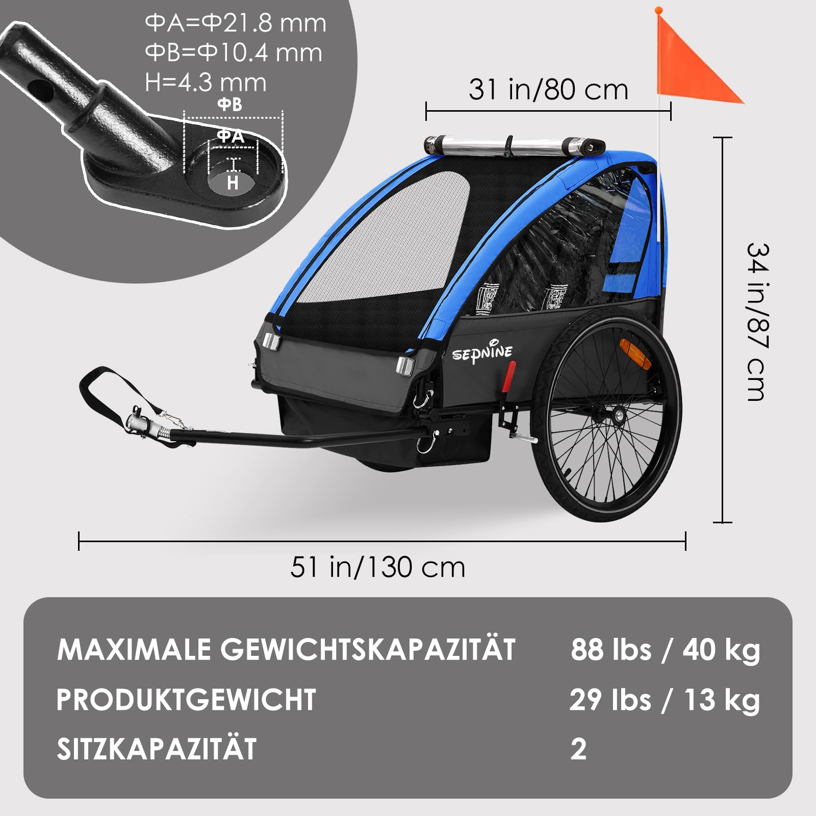 SEPNINE Kinderanhänger für Fahrrad, Fahrradanhänger für 1-2 Kinder, mit 5-Punkt-Sicherheitsgurt, Luftreifen, Handbremse, Faltbar, Max. 40 kg (Dunkelblau)