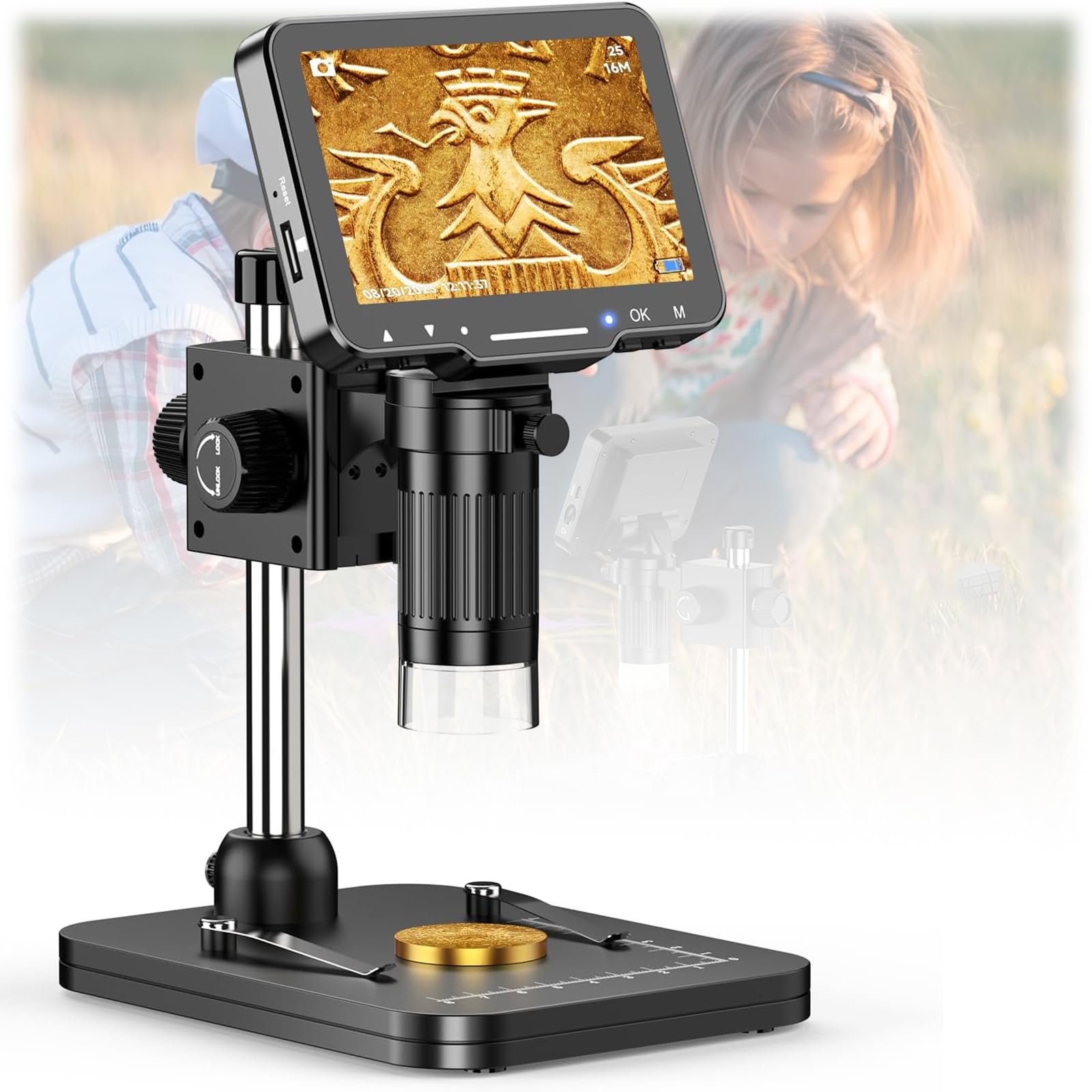 Microscopio digitale a moneta con schermo da 7 pollici, connessione USB per visualizzazione PC, alto ingrandimento 1080p, per adulti e collezionisti