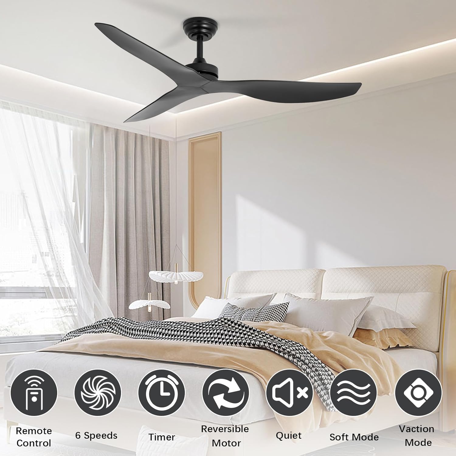 52-Inch Black Outdoor Ceiling Fan No Light with Remote