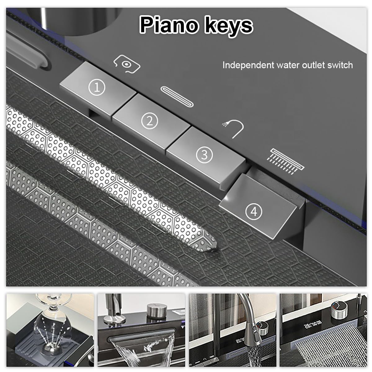Zlewozmywak kuchenny, czarny zlew kuchenny ze stali nierdzewnej, zlew kuchenny z kranem wodospadowym, wielofunkcyjny zlew kuchenny, sterowanie biurkiem, przyciski fortepianowe, stacja robocza Deluxe