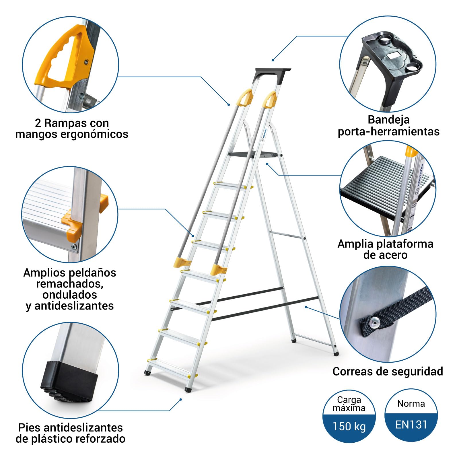 HOSTRÖM Escalera de 8 peldaños DURAMP Segura con rampas, Estante portaherramientas, Estribo Plegable de Aluminio, Altura Plataforma 162 cm, garantía de 5 años.